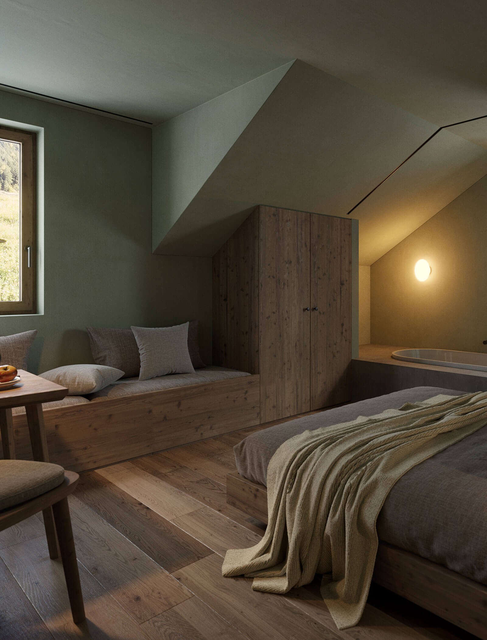 Gemütliches Schlafzimmer mit Holzmöbeln, schräger Decke, Bett, Fensterbank und sanftem Licht über der Badewanne. - Ansitz Toldt Dolomites Village