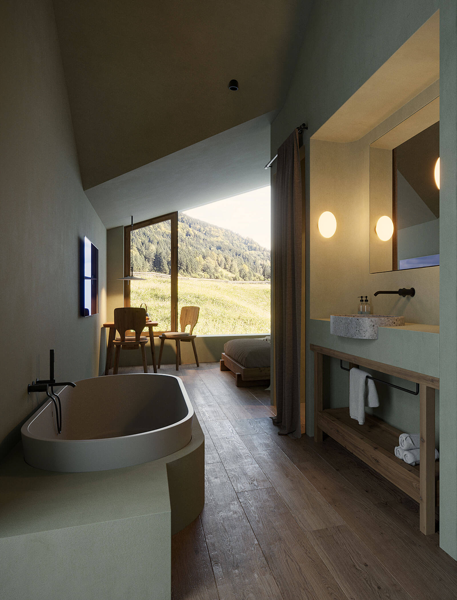 Modernes Badezimmer mit freistehender Badewanne, Holzboden und großem Fenster mit Blick auf eine malerische Graslandschaft. - Ansitz Toldt Dolomites Village
