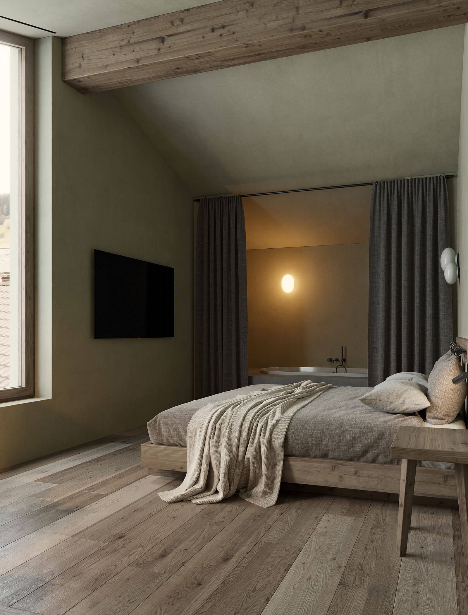 Minimalistisches Schlafzimmer mit Holzboden, niedrigem Bett, Fernseher, großem Fenster und offenem Bad mit grauen Vorhängen. - Ansitz Toldt Dolomites Village