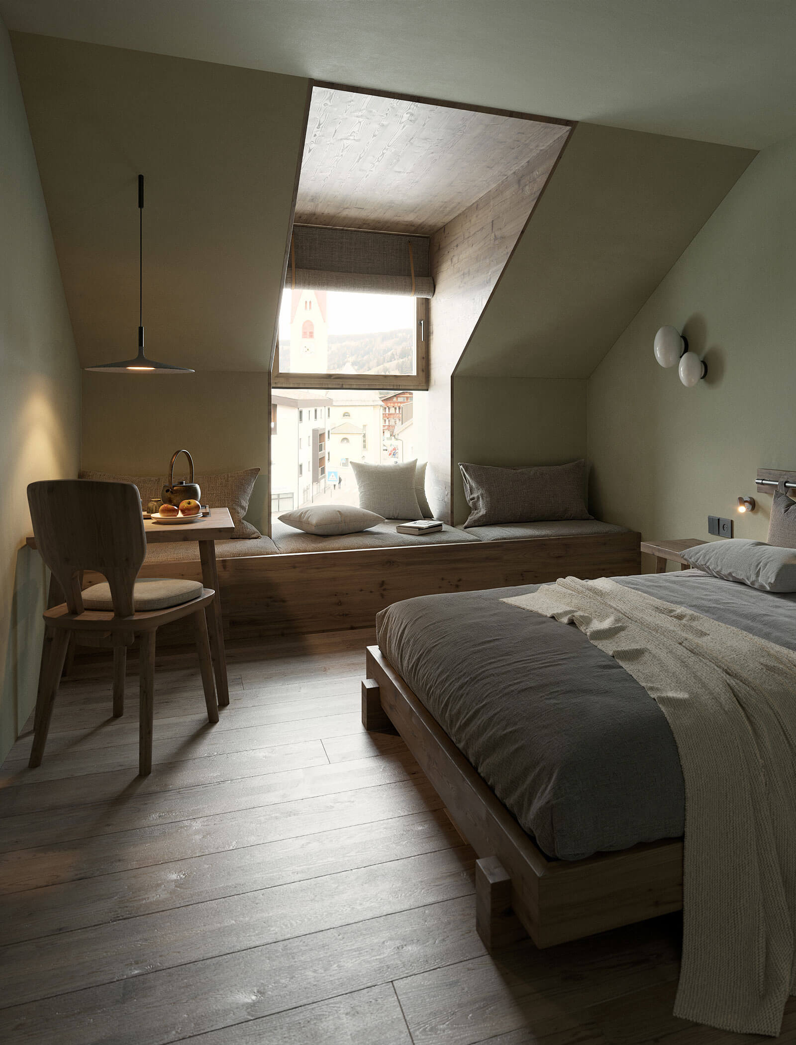 Gemütliches, modernes Schlafzimmer mit Holzbett, Fensterecke, kleinem Tisch und sanftem Tageslicht. - Ansitz Toldt Dolomites Village
