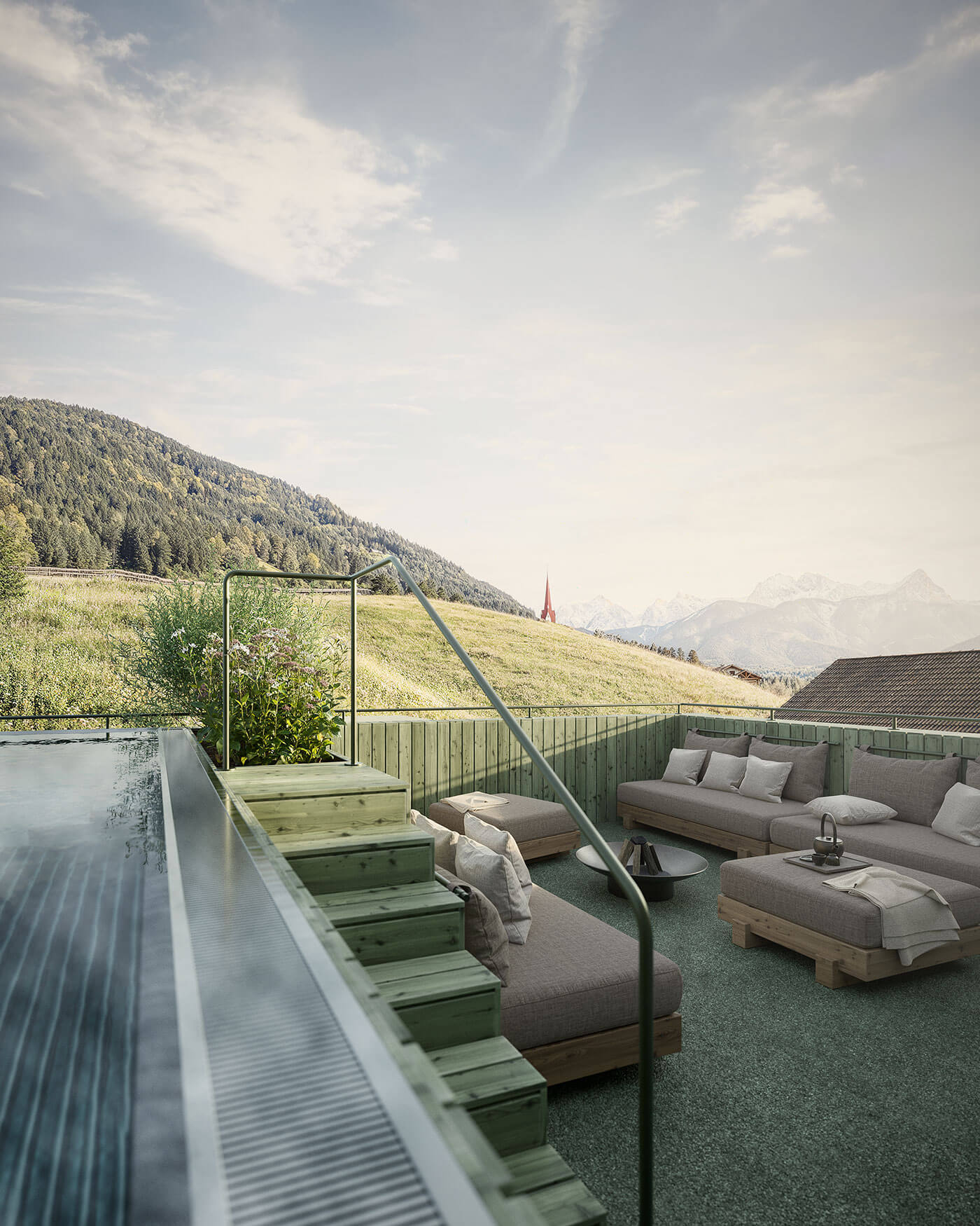 Außenterrasse mit Sitzgelegenheiten, kleinem Pool und Bergblick bei teilweise bewölktem Himmel. - Ansitz Toldt Dolomites Village