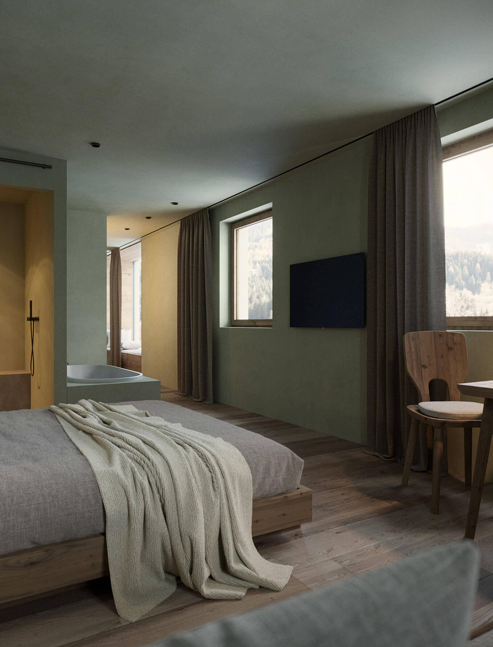 Minimalistisches Schlafzimmer mit einem Holzbett, einer Decke, einem Stuhl, großen Fenstern, einem an der Wand montierten Fernseher und einem offenen Duschbereich. - Ansitz Toldt Dolomites Village