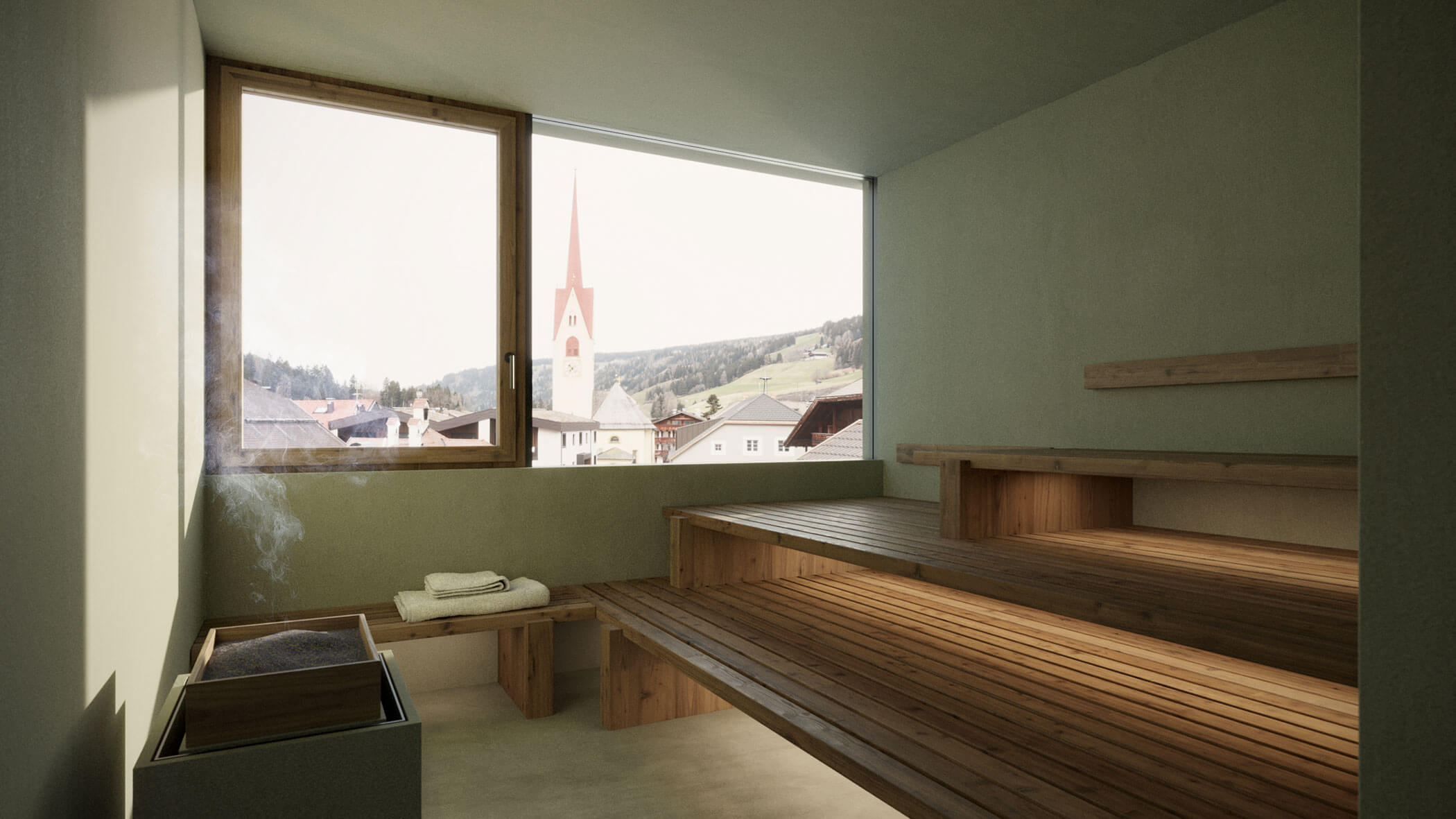 Moderne Holzsauna mit Bänken, einem Dampfbad, Handtüchern und einem großen Fenster mit Blick auf ein Dorf und einen Kirchturm. - Ansitz Toldt Dolomites Village