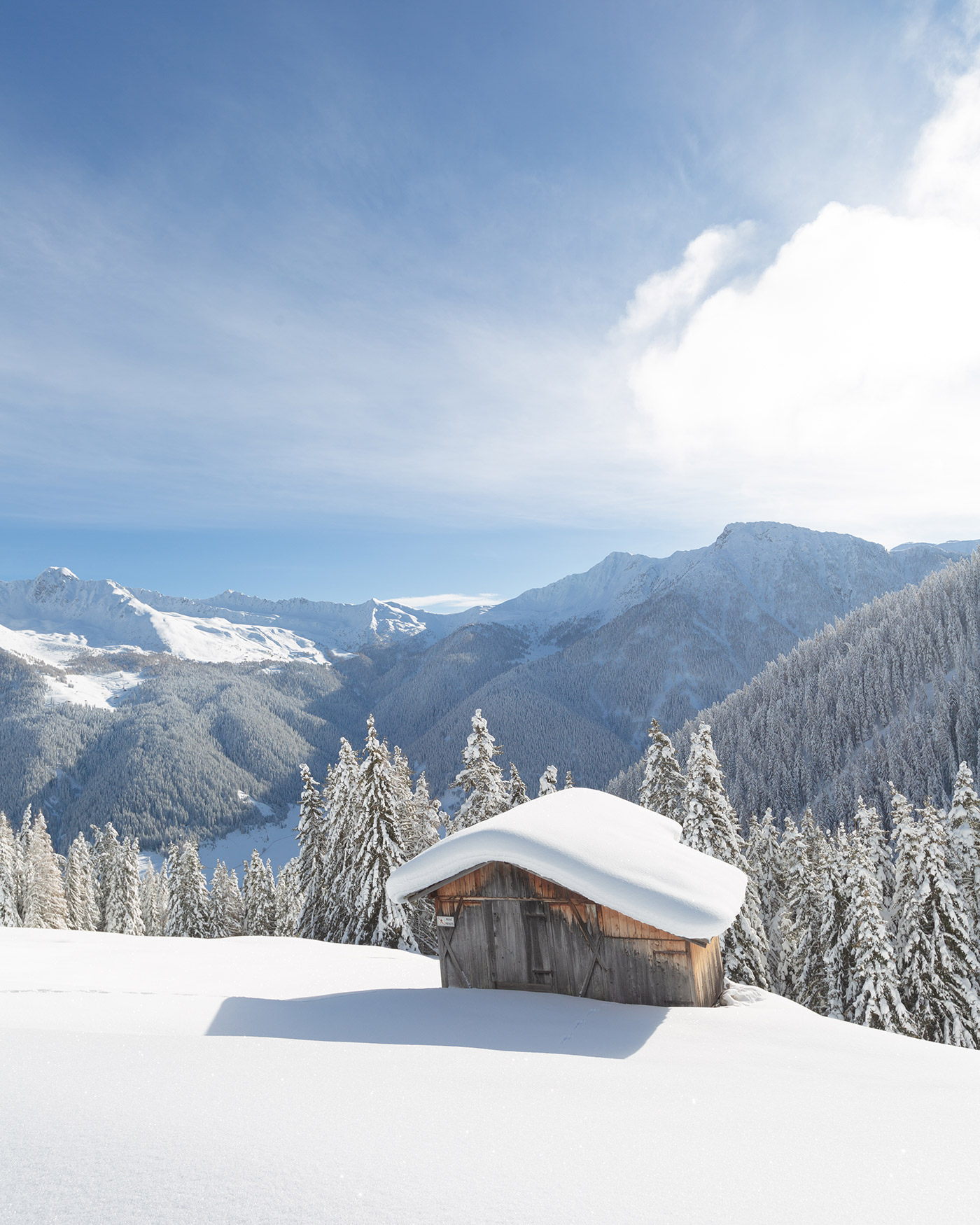 Eine schneebedeckte Hütte liegt zwischen verschneiten Bäumen mit Bergen im Hintergrund unter einem blauen Himmel. - Ansitz Toldt Dolomites Village