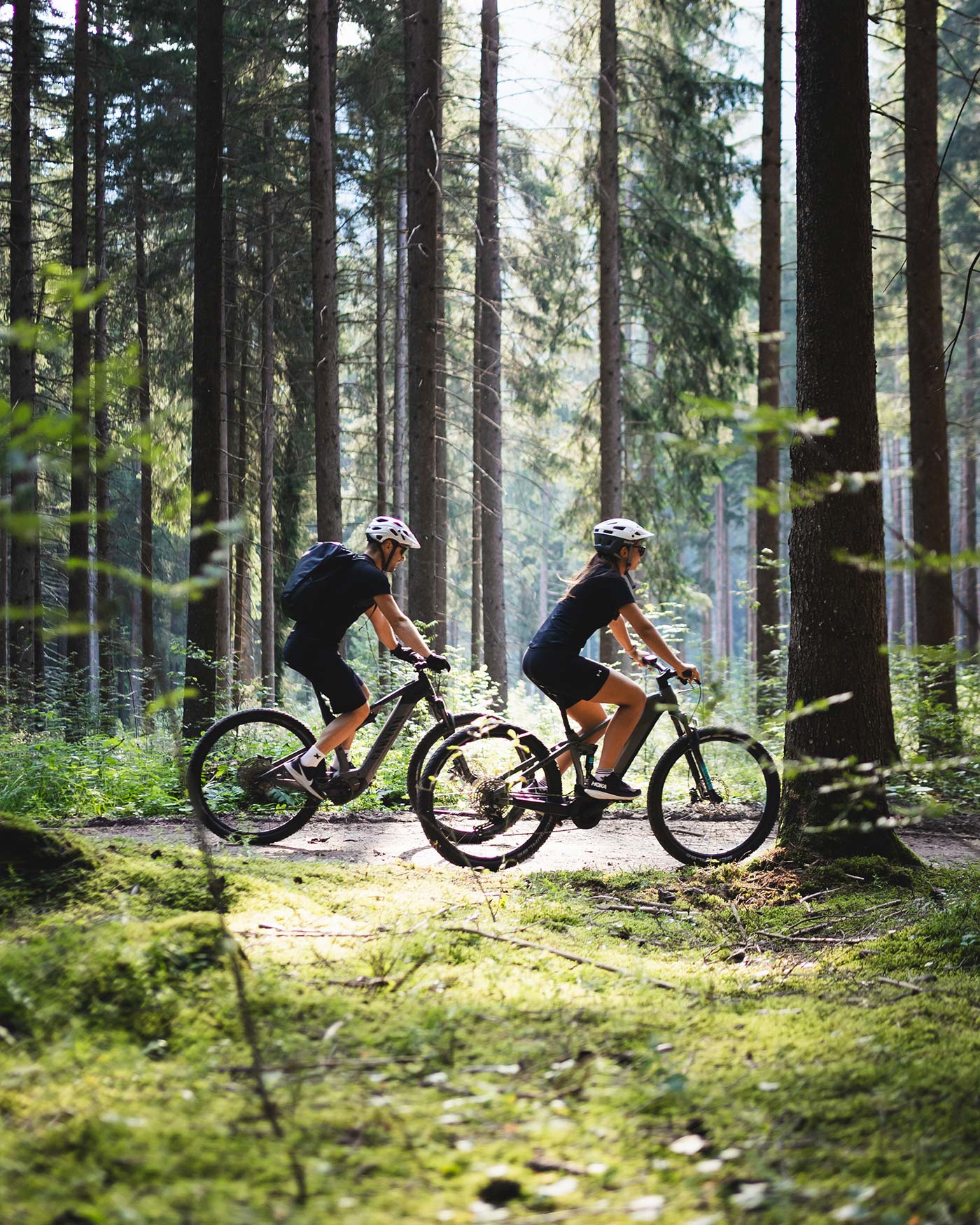 Zwei Personen fahren mit dem Fahrrad auf einem sonnenbeschienenen Waldweg, umgeben von hohen Bäumen und grünem Laub. - Ansitz Toldt Dolomites Village
