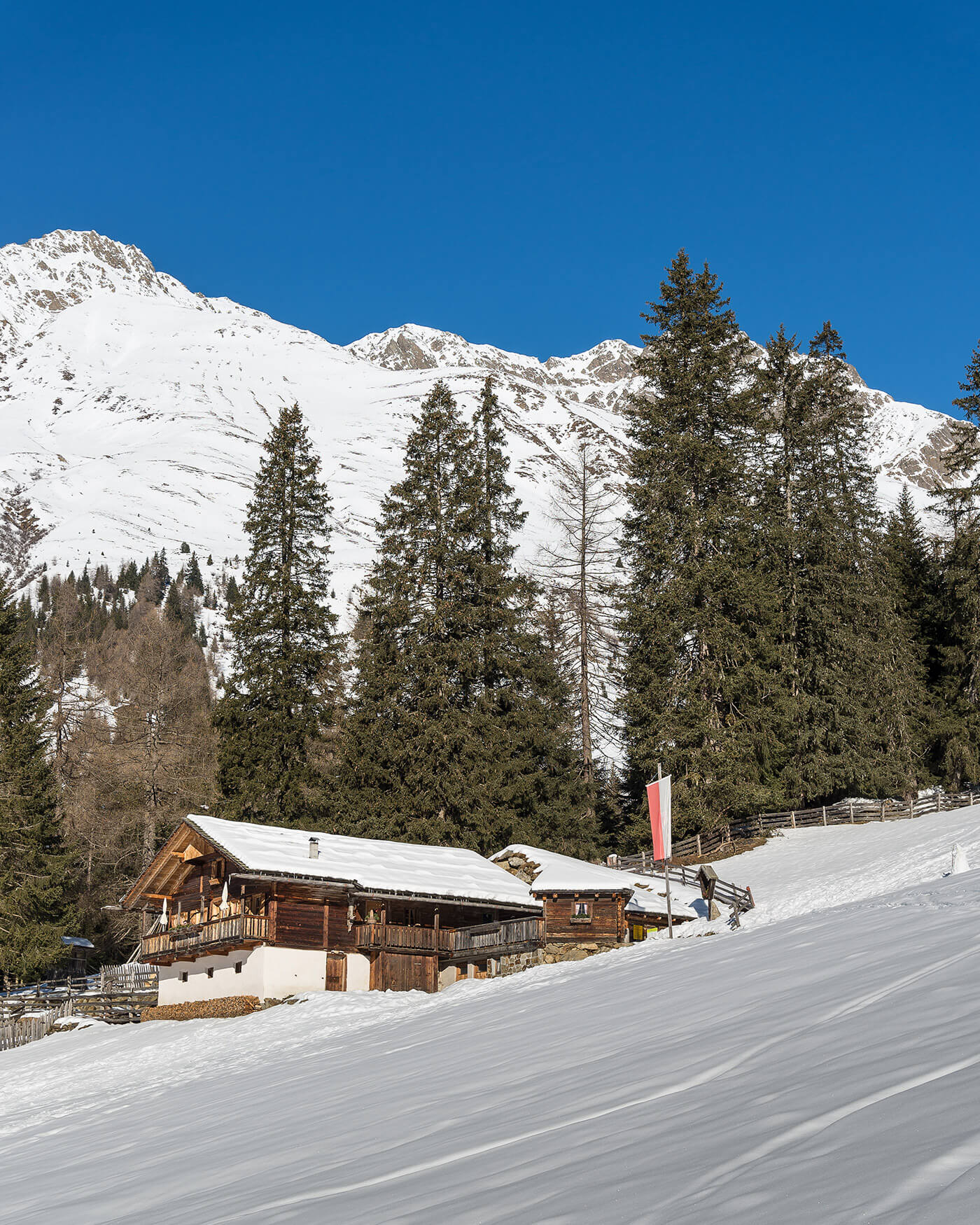 Eine verschneite Berghütte mit Kiefern, strahlend blauem Himmel und schneebedeckten Gipfeln im Hintergrund. - Ansitz Toldt Dolomites Village